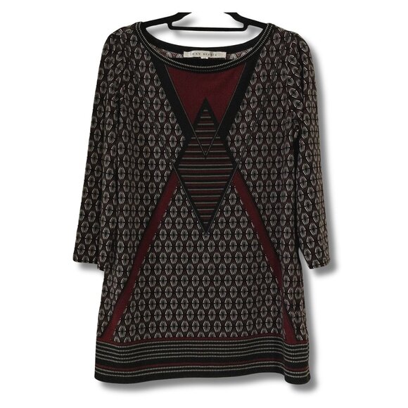 MAX STUDIO Geometric print black burgundy 3/4th sleeve top ~ XS SMALL goth shirt - Picture 1 of 15
